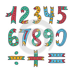 Hand drawn sketched and doodled kids numbers isolated on white background.