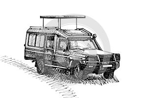 Hand drawn sketched safari jeep