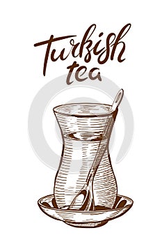 Hand drawn sketches of Glass of Turkish Tea. Gastro Symbols of Istanbul with lettering Turkish Tea.
