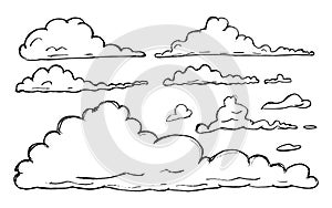 Hand drawn sketchy cloud collection isolated on white background