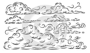 Hand drawn sketchy cloud collection isolated on white background