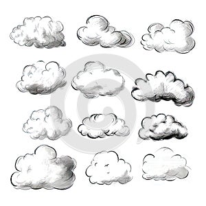 Hand drawn sketchy cloud collection isolated on white. Sketched black pencil clouds outline illustration