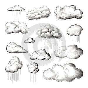 Hand drawn sketchy cloud collection isolated on white. Sketched black pencil clouds outline illustration