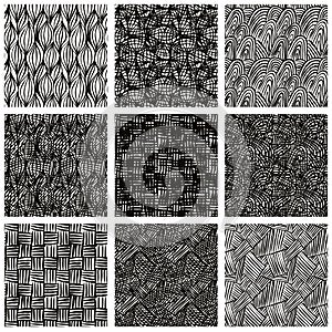 Hand drawn sketchy seamless patterns set.