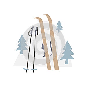 Hand drawn ski and ski pole, tree, hill  isolated on white background.