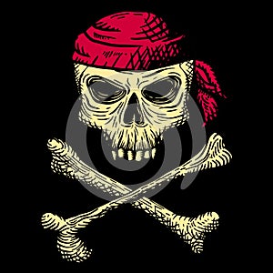 Hand drawn skull of a dead man in a red bandana, with crossbones, on a black background. Vector illustration