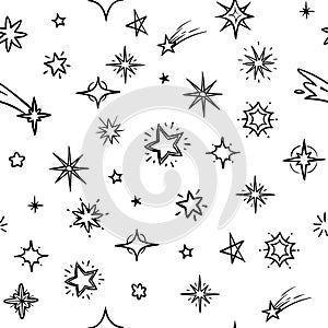 Hand drawn sky with doodle stars vector seamless background. Grunge outer space repeating pattern