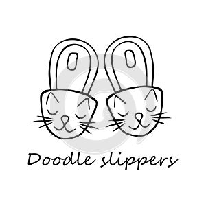 Hand-drawn slippers-cats. In doodle style, black outline isolated on a white background. For banners, cards, coloring books,