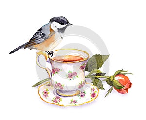 Hand drawn small watercolor bird on tea cup and rose flower