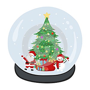 Hand drawn snowball with Christmas tree, Santa Claus, snowman, ornaments, stars, garlands and gift boxes. Snow globe