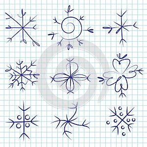 Hand drawn snowflakes vector icons set