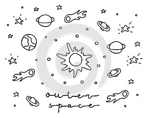 Hand drawn solar system with sun, planets, asteroids and other outer space objects. Cute and decorative doodle style line art