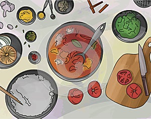 Hand drawn soup with ingridients