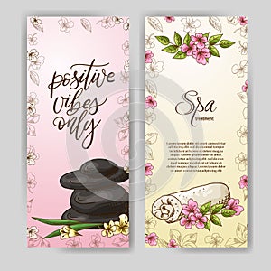 Hand drawn spa banners in sketch style. Design for store, spa, beauty salon and etc. Natural cosmetics vector
