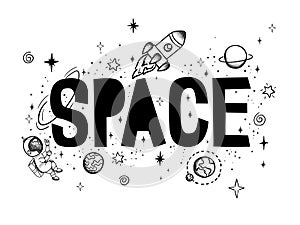 Hand drawn space banner template. Space doodle Vector illustration with cartoon rocket, planets, stars. Universe for your design