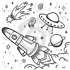 Hand drawn space banner template. Space doodle Vector illustration with cartoon rocket, planets, stars. Universe for your design