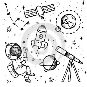 Hand drawn space banner template. Space doodle Vector illustration with cartoon rocket, planets, stars. Universe for your design