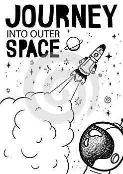 Hand drawn space banner template. Space doodle Vector illustration with cartoon rocket, planets, stars. Universe for your design