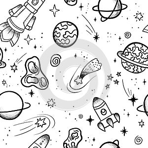 Hand drawn space banner template. Space doodle Vector illustration with cartoon rocket, planets, stars. Universe for your design.