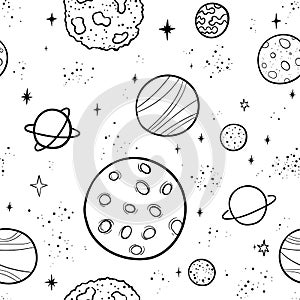 Hand drawn space banner template. Space doodle Vector illustration with cartoon rocket, planets, stars. Universe for your design.