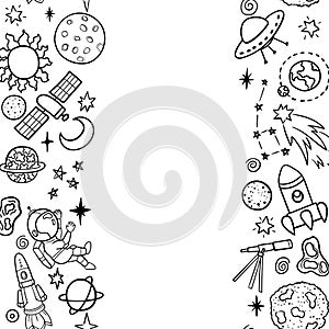 Hand drawn space banner template. Space doodle Vector illustration with cartoon rocket, planets, stars. Universe for your design.