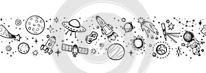 Hand drawn space banner template. Space doodle Vector illustration with cartoon rocket, planets, stars. Universe for your design.