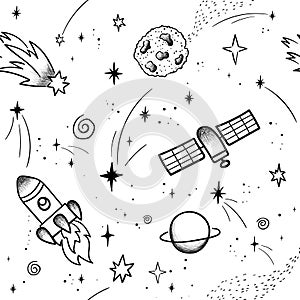 Hand drawn space banner template. Space doodle Vector illustration with cartoon rocket, planets, stars. Universe for your design.