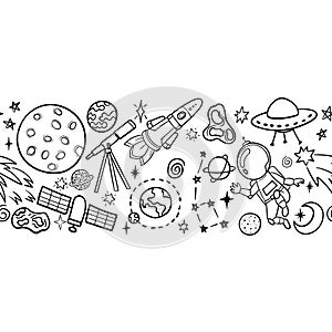 Hand drawn space banner template. Space doodle Vector illustration with cartoon rocket, planets, stars. Universe for your design.