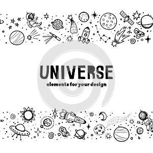 Hand drawn space banner template. Space doodle Vector illustration with cartoon rocket, planets, stars. Universe for your design.