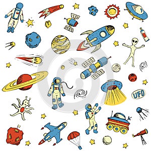 Hand drawn space objects astronaut, spaceship, alien, satellite, rocket, universe, spaceman
