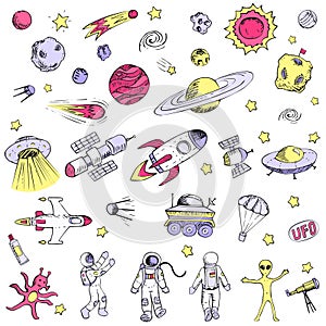 Hand drawn space objects astronaut, spaceship, alien, satellite, rocket, universe, spaceman.