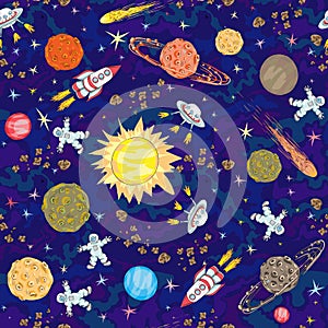 Hand drawn space seamless pattern. kids background
