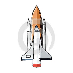 Hand drawn space shuttle isolated on white background. Rocket ship doodle.