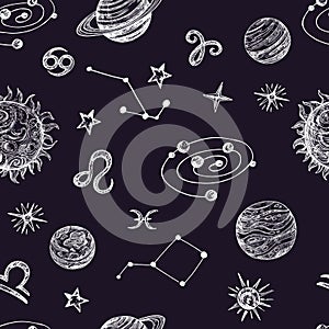 Hand drawn space with stars, planets and moon. Doodle night sky vector seamless pattern