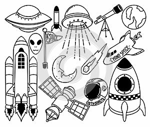 Hand drawn space themed doodle isolated on white background. Doodle cosmos illustration set, design elements for any purposes.