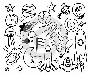 Hand drawn space themed doodle isolated on white background. Doodle cosmos illustration set, design elements for any purposes.