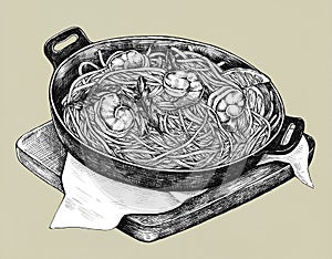 Hand drawn spaghetti marinara dish