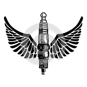 Hand drawn spark plug with wings on white background. Design element for logo, label, emblem, sign, poster, t shirt.