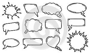 Hand drawn speech and thought bubbles set. Doodle talk bubbles and exploding frames. Communication and idea bubble pack