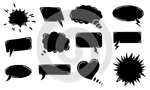 Hand drawn speech and thought bubbles set. Doodle talk bubbles and exploding frames. Communication and idea bubble pack