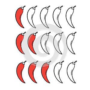 Hand drawn Spicy chili pepper level. spicy food mild and extra hot sauce, chili pepper red outline icons vector isolated