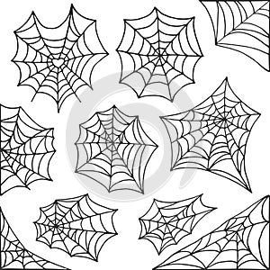 Hand drawn spider web Halloween symbol. Cobweb decoration elements collection. Halloween cobweb vector frame and borders