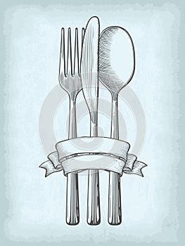 Hand drawn spoon, fork and knife with ribbon banner. Old craft paper texture background.