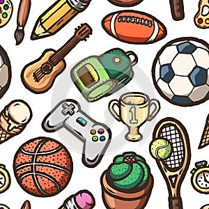 Hand drawn sports seamless pattern. Vector doodles.