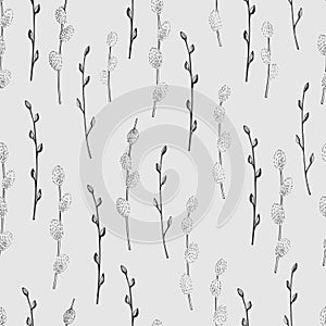 Hand drawn spring branch with buds. Verba. Vector seamless patt