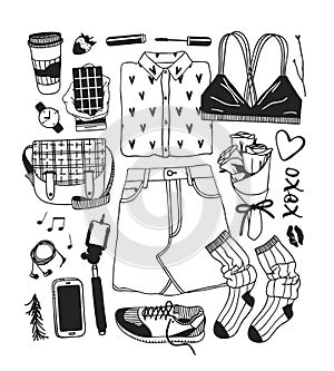 Hand drawn Spring Fashion illustration wear. Actual Season vector background. Black and white Artistic doddle drawing skirt, bra,