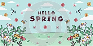 hand drawn spring landscape horizontal banner illustration