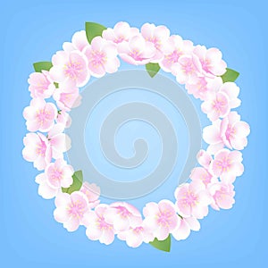 Hand drawn spring peach blossom sakura white flowers plant wreath, blue background vector illustration