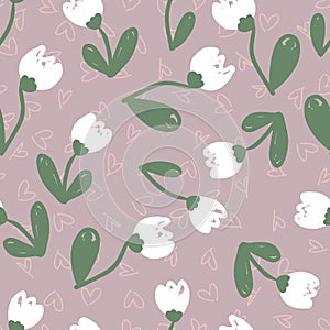 Hand drawn spring seamless pattern with snowdrops flowers . Perfect for T-shirt, textile and print. Doodle vector illustration