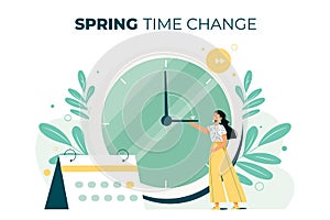 Hand-drawn spring time change illustration with woman and clock Vector illustration.